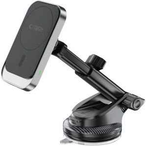 Autós tartó, univerzális, szélvédőre vagy szellőzőre vagy műszerfalra rögzíthető, 360°-ban forgatható, mágneses, Magsafe kompatibilis, Magsafe gyűrűvel, Qi vezeték nélküli töltővel, 15W, TP M