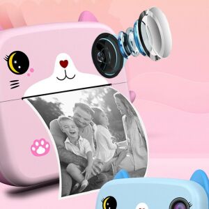 KipHome pillanatkép kamera gyerekeknek, rózsaszín macska mintával, nyomtatási funkcióval, elülső és selfie kamerával, USB-C kábellel, Bluetooth-szal, iOS/Android kompatibilis, app nyomtatással, fekete-fehér nyomtatással - Mobil nyomtató