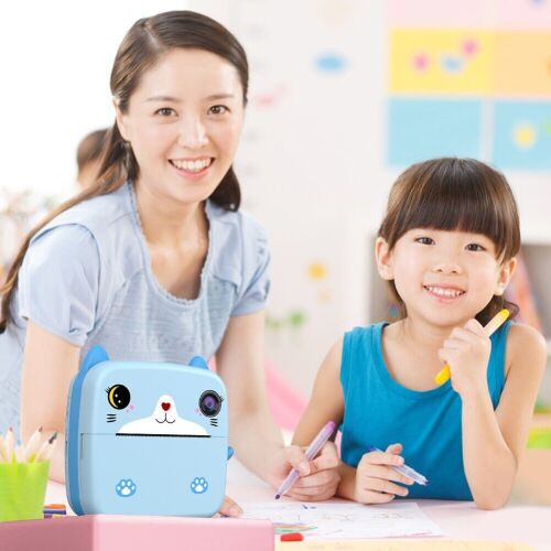 KipHome Gyerek Instax Kamera Nyomtatási Funkcióval, Kék Macska Design, Elülső és Szelfi Kamera, USB-C Kábel, Bluetooth, iOS/Android Kompatibilis, App Nyomtatás, Gyerek Kamera, Azonnali Fotónyomtató