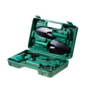 5 részes kertészeti szerszámkészlet, kézi permetezővel, metszőollóval, ültetőlapáttal, kézi gereblyével és hordtáskával - Ültetőszerszám