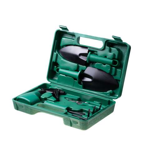 5 részes kertészeti szerszámkészlet, kézi permetezővel, metszőollóval, ültetőlapáttal, kézi gereblyével és hordtáskával