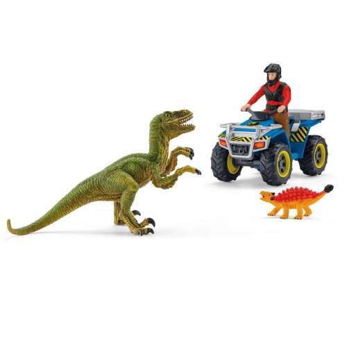 Schleich Velociraptor, Ankylosaurus, and Dinosaur Researcher with Quad