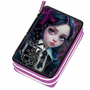 Puzdro na ceruzky Casual Girls s dievčenským vzorom, fialové a čierne, na školské potreby - Peračníky