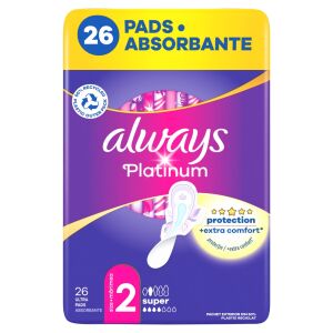 Absorbanți Always Platinum Super, 26 bucăți, mărimea 2, ultra absorbant, cu aripi, protecție și confort suplimentar - Absorbante
