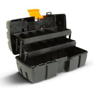 Čierna a oranžová plastová náraďová skrinka s rukoväťou, otvorená, zobrazuje dve zásuvky - Handy Boxy a tašky na náradie