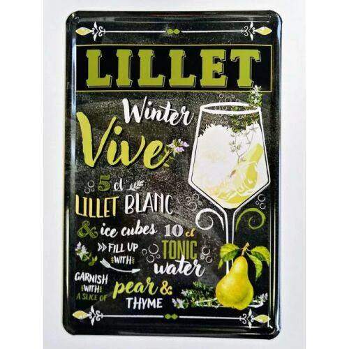 Lillet Winter Vive Koktél Recept Fém Tábla, 20x30cm, a ital elkészítésének útmutatójával, Lillet Blanc pohár, tonikvíz, körte és kakukkfű képpel - Fémtábla