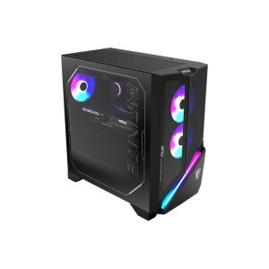 Angled view of MSI MPG Infinite X3 AI Gaming Desktop PC with transparent side panel - Gaming