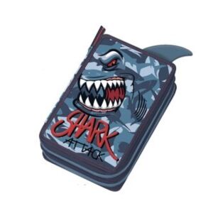 Shark Attack Federmäppchen mit Schreibwaren, zwei Fächer, blaues Camouflage-Design - Federmappen