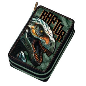 Raptor Dinosaurier Federmäppchen mit zwei Fächern, grünes Tarnmuster, perfekt für Schulsachen - Federmappen