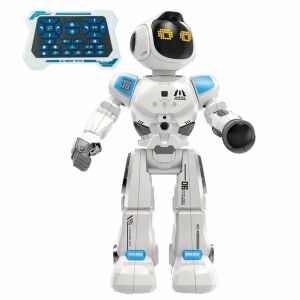 Biely a modrý programovateľný robot hračka pre deti, s diaľkovým ovládaním, 50 pohybmi, zvukmi a svetlami, 40 cm vysoký, značka Intelligens robot - Interaktívne detské hračky