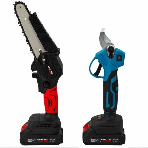 Colag cu mini-fierăstrău cu lanț fără fir și foarfece de tăiere fără fir din setul KRISTAL Set foarfeca & Mini drujba cu 2 acumulatori DDT-CRISTAL, incarcator, accesorii incluse, 24 V, 2 Ah - DDT