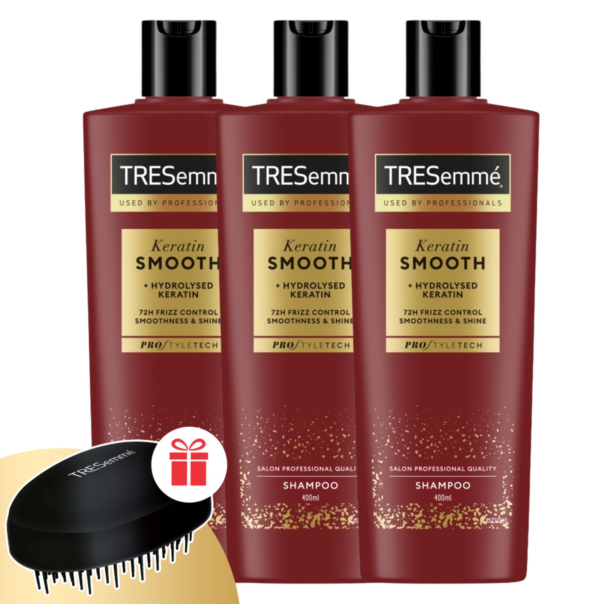 TRESemmé Keratin Smooth Sampon gubancolódásra hajlamos hajra 3x400ml + Ajándék TRESemmé fésű