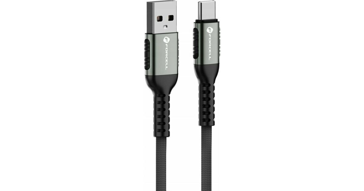 USB töltő- és adatkábel, USB Type-C, 120 cm, 3000 mA, 66W, törésgátlóval, gyorstöltés, QC 3.0, cipőfűző minta, Forcell F-Energy C256, fekete 122427295