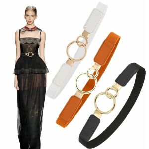 Női rugalmas öv két gyűrűvel, fekete/piros/barna/fehér/arany, szintetikus anyag, 61-102x2,5 cm