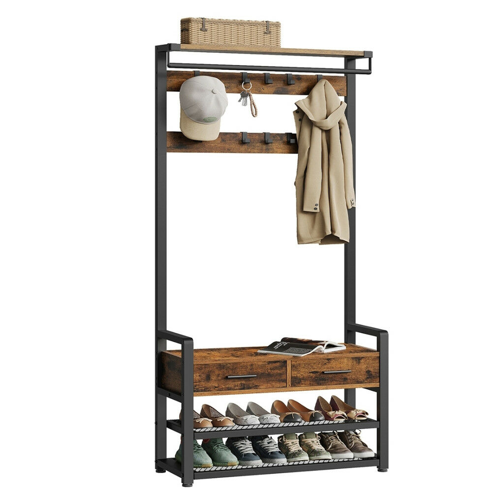 Mobilier hol cu Banchetă și depozitare pantofi, 2 sertare textile, 10 umerase, maro rustic și negru