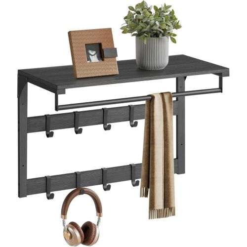 VASAGLE fekete falra szerelhető ruhafogas polccal, akasztókkal és akasztórúddal