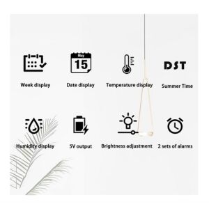 Cyfrowy zegar budzik z wieloma funkcjami, w tym wyświetlaczem temperatury i wilgotności, czasem letnim, regulacją jasności i dwoma alarmami - Projektowanie wnętrz