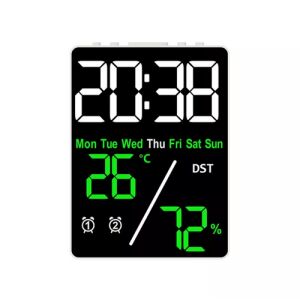 Cyfrowy zegar budzik z zielonym wyświetlaczem, pokazujący czas, datę, temperaturę, wilgotność i dzień tygodnia - Projektowanie wnętrz