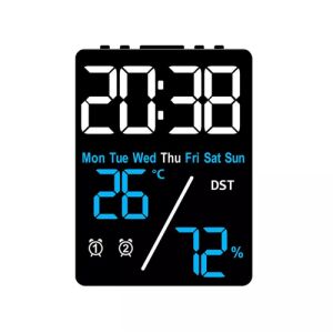 Digitaler Wecker mit Temperatur- und Luftfeuchtigkeitsanzeige, blau-weißes Display - Innenarchitektur