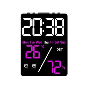 Cyfrowy zegar budzik z różowo-białym wyświetlaczem, pokazujący czas, datę, temperaturę, wilgotność i dzień tygodnia - Projektowanie wnętrz