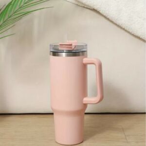 Cană de călătorie din oțel inoxidabil de culoare roz pudră, cu mâner și capac, capacitate 1200 ml - Termosuri și suporturi pentru băuturi