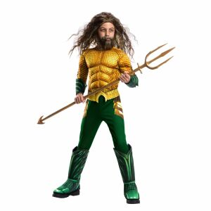 Aquaman Deluxe jelmez gyerekeknek 8-10 éveseknek, 128-140 cm, zöld és arany, tartalmaz overallt, övet és csizmahuzatokat - DC
