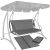 Gray swing bed fabric with black metal frame, canopy, and folded fabric