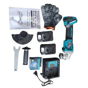 Sarokcsiszoló 125 mm-es tárcsával, 2 x 36 V-os akkumulátorral, fényszóróval, hordtáskával és egyéb tartozékokkal, kék-fekete színben.