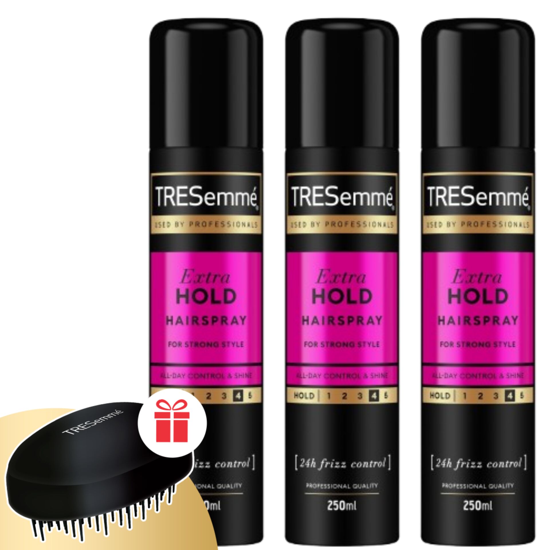 E-shop TRESemmé Extra silná fixácia laku na vlasy 3x250ml + darčekový hrebeň