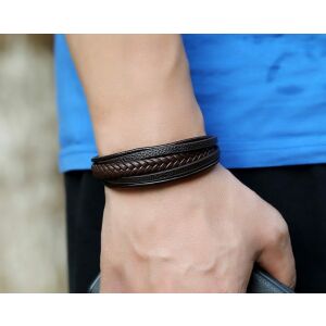 Férfi rozsdamentes acél mágneses kapcsos bőr karkötő, fekete, hossza 21,5 cm