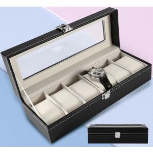 Elegáns négyszögletes órarendező átlátszó ablakkal, szatén fekete minőségi műbőr, 30x11x8cm 122474415 - Óraforgató & óratartó doboz