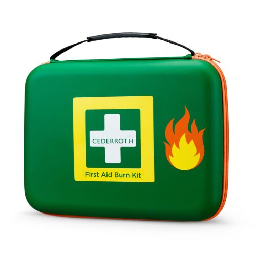 Комплект за първа помощ Cederroth за изгаряния, зелен комплект за първа помощ с бял кръст и символ на пламък