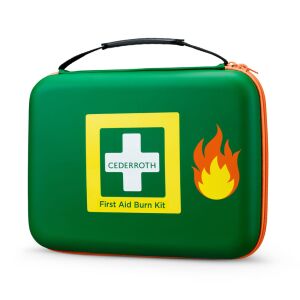Sada prvej pomoci Cederroth na popáleniny, zelená sada prvej pomoci s bielym krížom a symbolom plameňa - Prvá pomoc