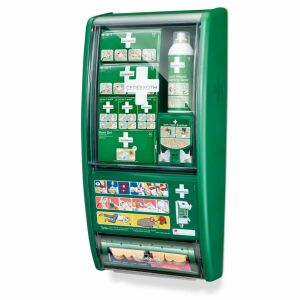 Stație de prim ajutor Cederroth, montată pe perete, cu diverse materiale de pansament și instrucțiuni - Cutie de prim ajutor