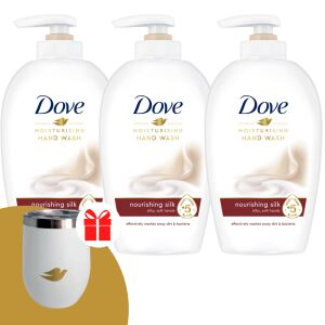 Dove Flüssigseife Silk 3x250ml + Geschenk Dove Reisebecher