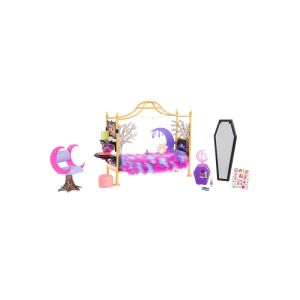 Zestaw do zabawy sypialnia Clawdeen Wolf, Monster High dom dla lalek z meblami, łóżkiem, lustrem, krzesłem i akcesoriami - Mattel