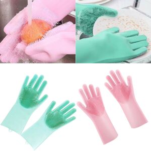 2-teiliges Silikonhandschuh-Set zum Geschirrspülen und Reinigen - Rosa und Grün 122555599 - Handspülen