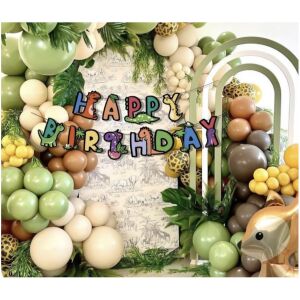 Set arcadă de baloane Animal Party - La mulți ani, KidMania®, 64 bucăți, baloane verzi, maro, galbene, bej, banner cu dinozauri, girafă, frunze, arc, decor pentru petrecere - Accesorii pentru petrecere