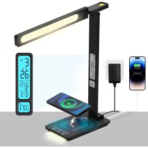 Multifunkcionális LED Lámpa Digitális Kijelzővel, 10W Vezeték Nélküli Töltéssel, Órával és Állítható Módokkal – Fekete, Modern, Hálózati Tápellátás