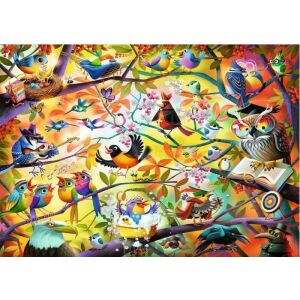 Puzzle 1000 dielikov - Pracovité vtáky, farebný a detailný puzzle s rozmarnou ilustráciou vtákov na strome - Puzzle