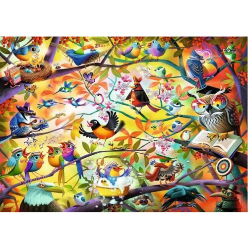 Puzzle 1000 dielikov - Pracovité vtáky, farebný a detailný puzzle s rozmarnou ilustráciou vtákov na strome