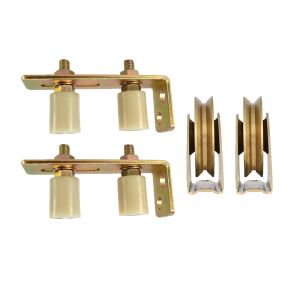 Sada kovania pre posuvné dvere s nastaviteľným vedením, 2 biele valčeky, priemer 60 mm, dĺžka 148 mm, 2 nastaviteľné vedenia - EmaConstruct