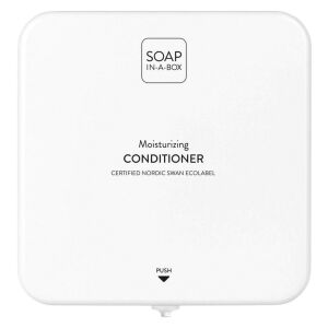 Soap-In-A-Box fényes fehér hajkondicionáló adagoló, előlap