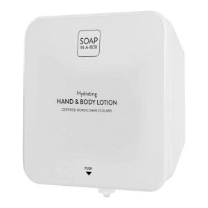 Soap-In-A-Box biely nástenný dávkovač na krém na ruky a telo s tlačidlom - Dávkovač mydla