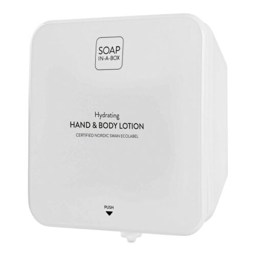 Soap-In-A-Box biely nástenný dávkovač na krém na ruky a telo s tlačidlom