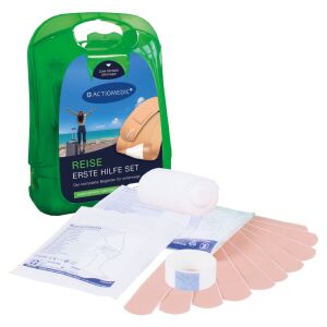 Sada prvej pomoci Actiomedic MEDIBOY TRAVEL, zelená plastová krabička, obväzy, náplasti, obväz na rany, ideálna na cestovanie, kempovanie, turistiku, šport - Prvá pomoc