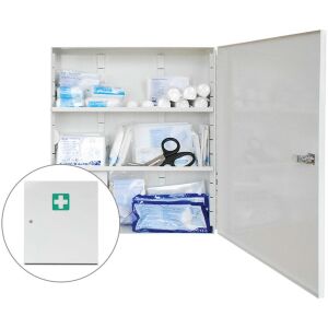 Шкаф за първа помощ Actiomedic DIN 13 169, метален, бял, с рафтове и съдържание, материали за първа помощ, комплект за спешни случаи, медицински консумативи, безопасност на работното място, безопасност в дома - Първа помощ