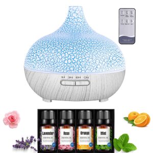 Ultraschall-Aromadiffusor mit rissigem und weißem Holzmuster und 4-teiliges ätherisches Ölset von Pulaiyi 122586441 - Diffusor