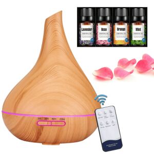 Difuzor de aromă cu ultrasunete în formă de picături - Set de uleiuri esențiale din lemn deschis și Pulaiyi 122586445 - Difuzor