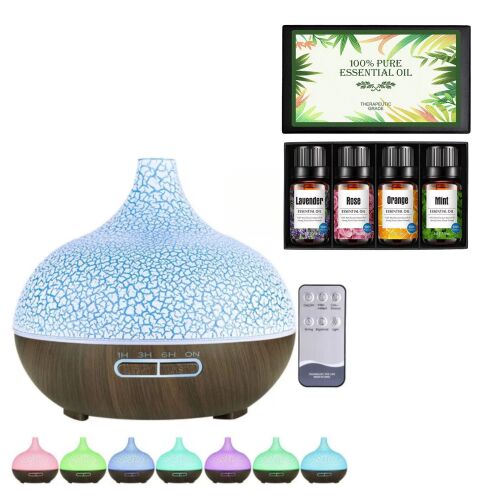 Ultraschall-Aromadiffusor mit rissigem und dunklem Holzmuster, 7 Seiten zur Auswahl, Fernbedienung und 4-teiligem ätherischen Ölset von Pulaiyi 122586447